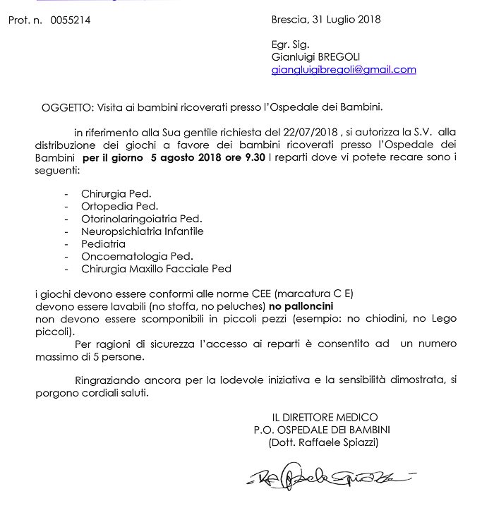 2018-07-31 Autorizzazione Volontariato Spedali Civili Consegna Giochi Per Ferragosto