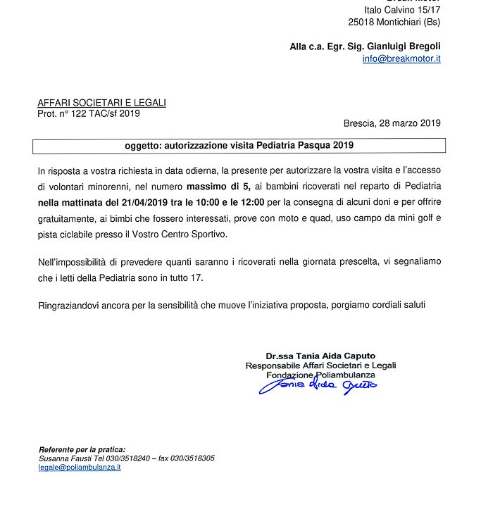 2019-03-28 Autorizzazione Volontariato Fondazione Poliambulanza Consegna Giochi & Materiale Didattico