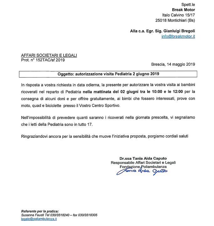 2019-05-14 Autorizzazione Volontariato Fondazione Poliambulanza Consegna Giochi & Materiale Didattico