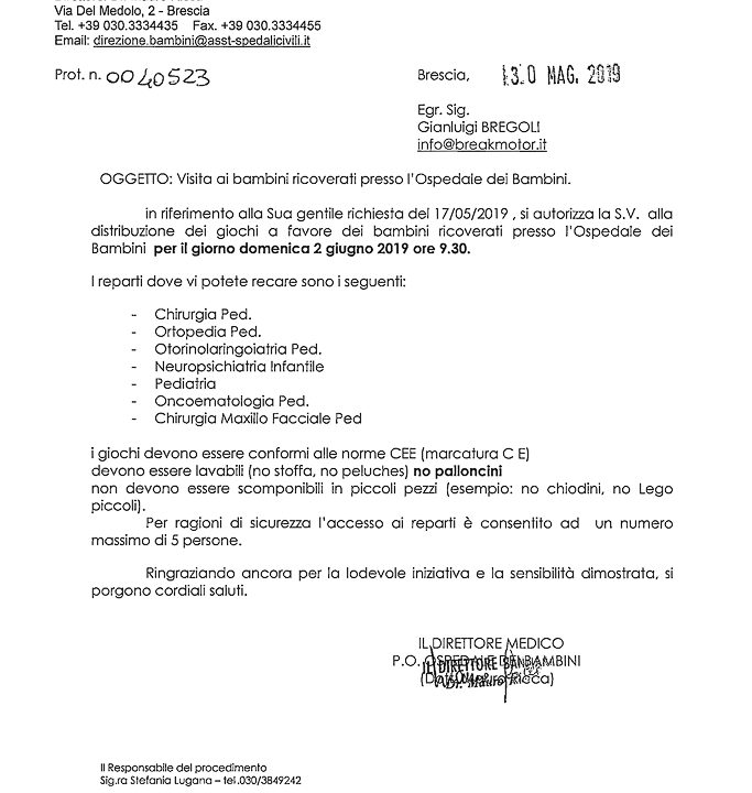2019-05-30 Autorizzazione Volontariato Spedali Civili Consegna Giochi & Materiale Didattico