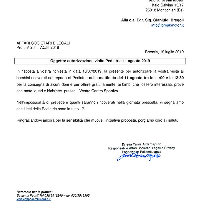 2019-07-19 Autorizzazione Volontariato Fondazione Poliambulanza Consegna Giochi & Materiale Didattico