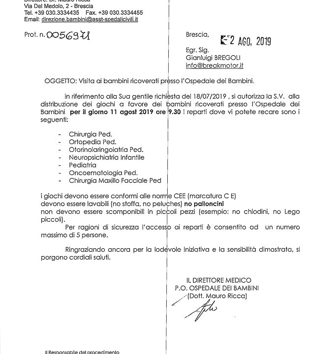 2019-08-02 Autorizzazione Volontariato Spedali Civili Consegna Giochi & Materiale Didattico