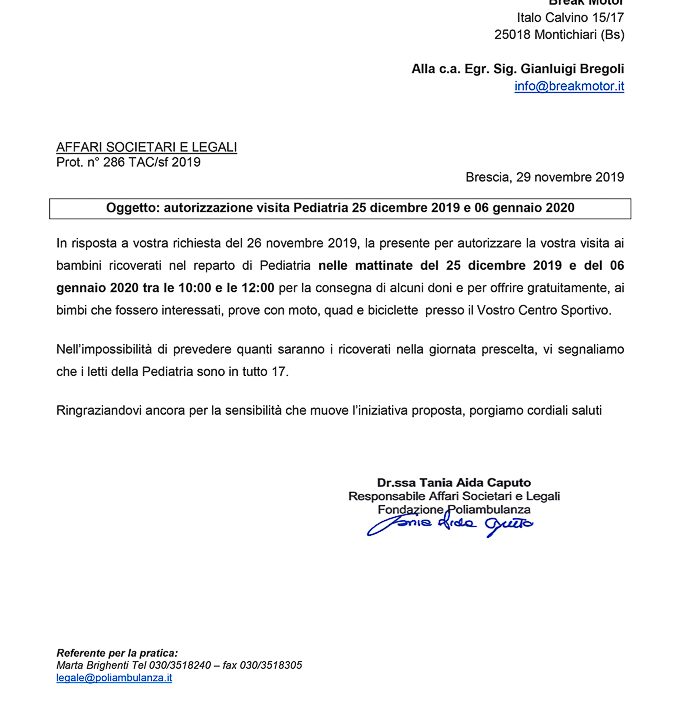 2019-11-29 Autorizzazione Volontariato Fondazione Poliambulanza Consegna Giochi e Materiale Didattico