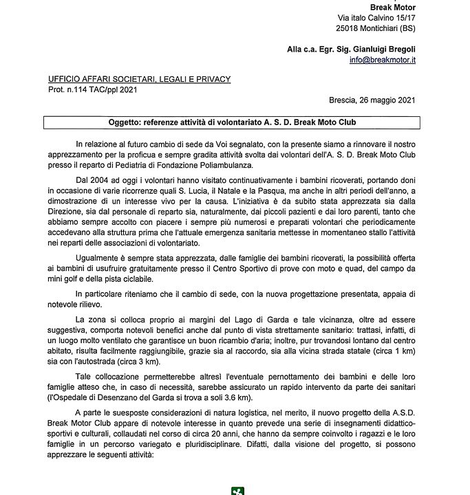 2021-05-26 Referenze Fondazione Poliambulanza Nuovo Progetto Sport & Salute