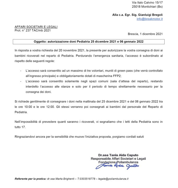2021-12-01 Autorizzazione Consegna Giochi Fondazione Poliambulanza Brescia
